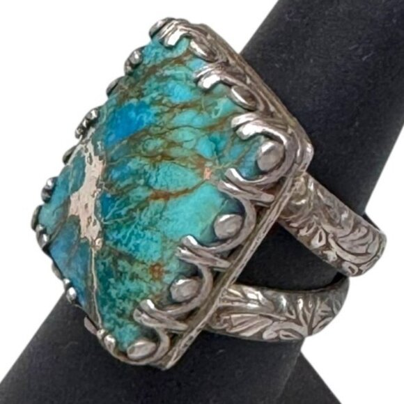 Vintage Artisan Statement Detailed Ring Sterling Silver Turquoise Stone Ornate 6 - Picture 1 of 9